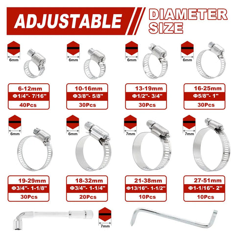 202 Piece Hose Clamp Assortment Kit With Adjustable Stainless Steel Worm Gear Clamps For Plumbing Automotive Sizes Display