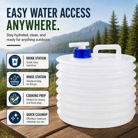 Collapsible Water Container With Spigot For Camping And Outdoors Foldable 15L Water Jug With Handle on outdoor table
