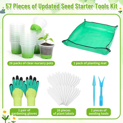All In One Reusable Seed Starter Kit With 26 Clear 4 Inch Pots Silicone Base And Drainage For Easy Transplant Includes Repotting Mat Gardening Gloves 26 Plant Labels And 2 Seedling Tools For A Green Thumb Friendly Garden components