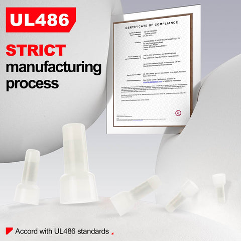 Closed End Crimp Wire Connectors 22-16 AWG, 100 Pcs Copper Core Tin Plated Nylon Covered Splice Caps next to UL486 certificate