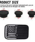 Solid Set Of Three Durable Rubber Tailgate Plugs And One Rear License Plate Mount Built For Jeep Wrangler sizes shown in image.