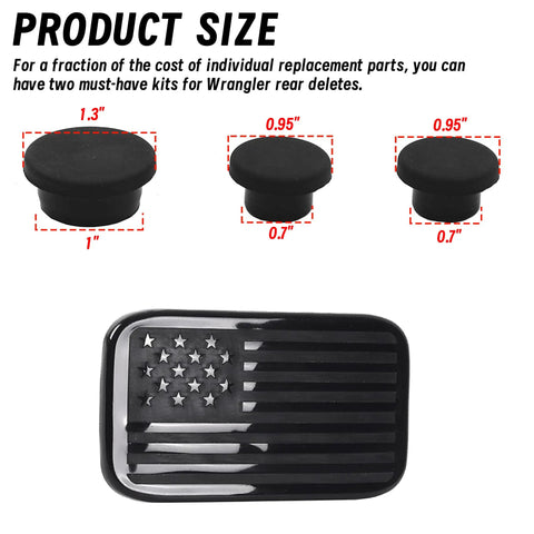 Solid Set Of Three Durable Rubber Tailgate Plugs And One Rear License Plate Mount Built For Jeep Wrangler sizes shown in image.