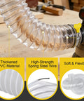 Clear Dust Collection Hose Made Of PVC 2.3 In By 3.9 Ft With Tough Heavy Duty Stainless Steel Wire Reinforcement in workshop setting.