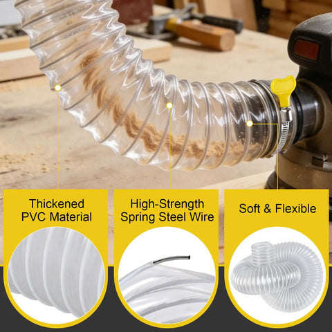 Clear Dust Collection Hose Made Of PVC 2.3 In By 3.9 Ft With Tough Heavy Duty Stainless Steel Wire Reinforcement in workshop setting.