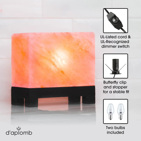 Authentic Himalayan Salt Lamp Hand Carved Modern Rectangle With Rare Pink Crystal Rock Salt Footed Wood Base Dimmer Cord And 11.5 Lb Weight