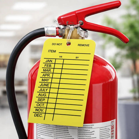 Must-Have Fire Extinguisher Monthly Inspection Tags 25 Pack With Adjustable Ties Yellow PVC Safety Labels attached to extinguisher