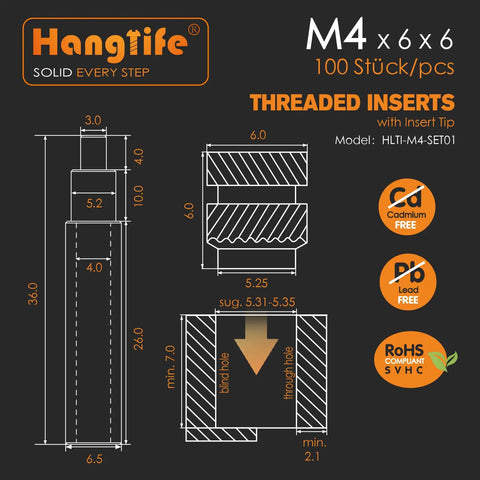 Technical diagram and dimensions of M4 Heat Set Threaded Inserts For 3D Printed Parts Brass Knurled Nuts With Insert Tip Soldering Iron Press Tool Quick Install No Brainer Fasteners For Plastic Projects 100 Pieces. Cadmium and Lead Free RoHS Compliant.