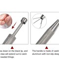 No Nonsense Stainless Steel Four Claw Pick Up Tool For Jewelry Crafting And Fine Gem Setting With Easy Grip Knurled Handle and details on its claw action.
