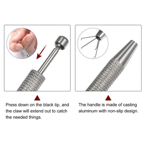 No Nonsense Stainless Steel Four Claw Pick Up Tool For Jewelry Crafting And Fine Gem Setting With Easy Grip Knurled Handle and details on its claw action.