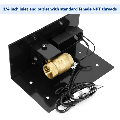 Fire Pit Spark Ignition Kit With Push Button Igniter Three Quarter Inch Ball Valve And Key Black Finish Compatible With Natural Gas Or Propane Burners Rated At Three Hundred Thousand BTU Battery Not Included, showing brass valve and black plate