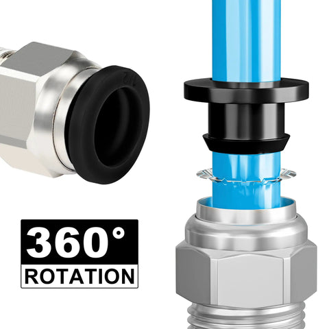 Half Inch Outer Diameter Compressed Air Piping System And Push To Connect Shop Air Line Kit showing 360-degree rotation