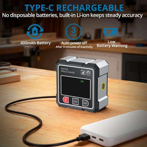 Digital Laser Level Pro Grade With Magnetic Four Side Gauge Rechargeable Angle Finder With Backlight Display Precise 0.1 Degree Accuracy charging on workbench