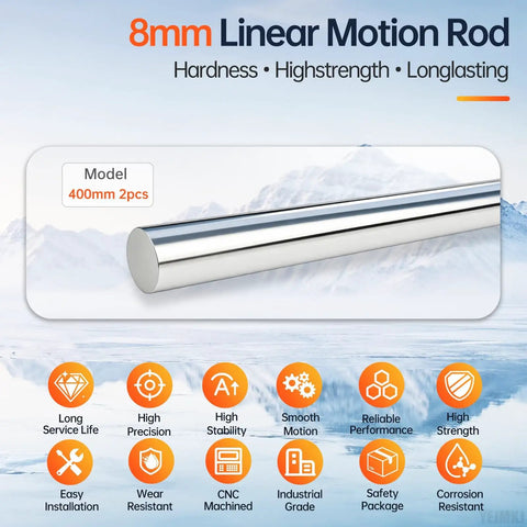 Precision 8mm x 400mm Linear Motion Rods Shaft Guide for Smooth Rails and Reliable Sliding Action with Chamfered Ends.