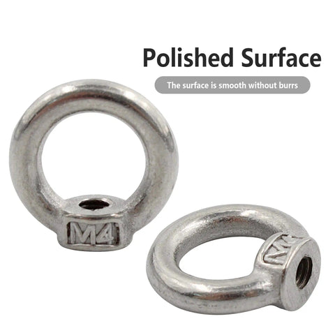 10 Pieces Stainless Steel Lifting Eye Nuts M4 Threaded Ring Shaped Eye Bolts, polished surface, smooth finish, pack of 10.