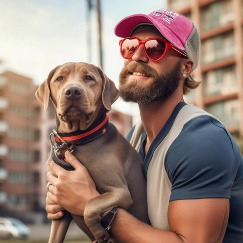 Smiling man in pink Funny Things I Do In Spare Time RV Camper Trucker Hat with dog outdoors