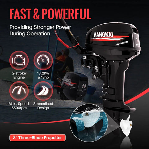 LIWBYYG Two Stroke 18HP Outboard Motor for Boats and Kayaks with 246CC Heavy Duty Aluminum Alloy Engine shown in side view