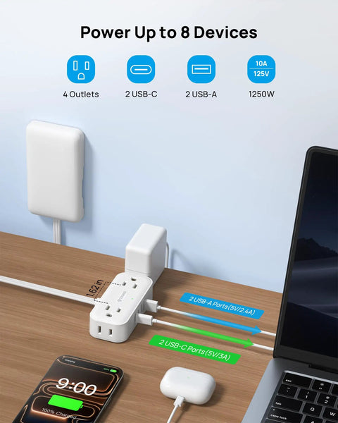 Flat Plug Power Strip With Ultra Thin Outlet Cover For Tight Spaces, Hidden Wall Extender With 4 AC Outlets And 4 USB Ports