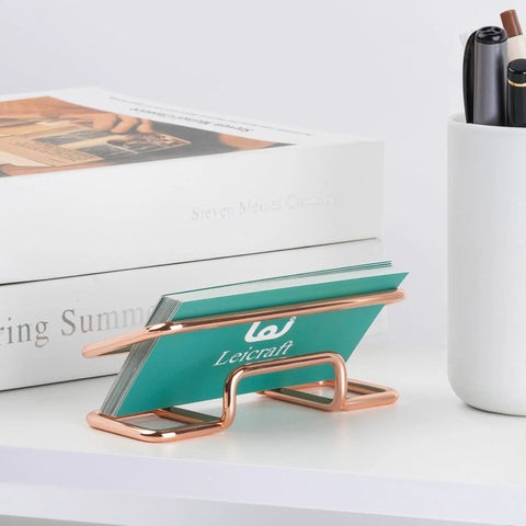 Metal Desk Card Holder For Office And Home, Large Capacity Card Organizer with Durable Gold Finish on desk with business cards