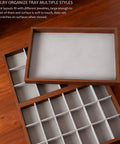 Dope Wooden Velvet Jewelry Organizer Tray With Nine Grid Compartments Stackable Ring Earring Necklace Valet Dish shown from above.