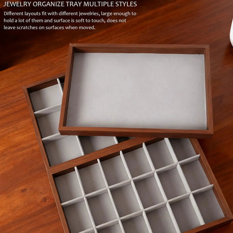 Dope Wooden Velvet Jewelry Organizer Tray With Nine Grid Compartments Stackable Ring Earring Necklace Valet Dish shown from above.