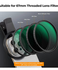 Clip On CPL Phone Lens Filter Kit 67mm For iPhone 11 Through 16 Circular Polarizer Filter with clamp showing multiple filters