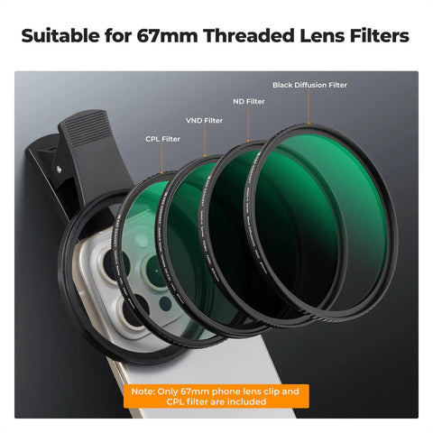Clip On CPL Phone Lens Filter Kit 67mm For iPhone 11 Through 16 Circular Polarizer Filter with clamp showing multiple filters