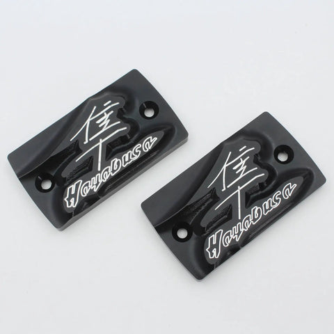 Hayabusa Front Brake Reservoir Cover Beefed Up 2 Pack Durable Aluminum Master Cylinder Cap For Suzuki GSX1300R Hayabusa 1999-2020 Black Clutch Fluid Cap Replacement, showing two black aluminum covers with Hayabusa logo.