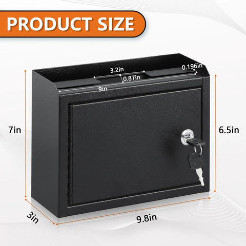 Locking Office Suggestion Box With Slot For Secure Feedback, Wall Mount Safe Mailbox For Ideas, 9.8 W x 3 D x 7 H, Black with dimensions
