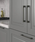 Gun Metal 10 Inch Center Cabinet Handles 10 Pack Solid Stainless Metal Drawer Pulls for Kitchen Bathroom Home Decor Durable Modern Hardware Etna Collection on gray cabinet door