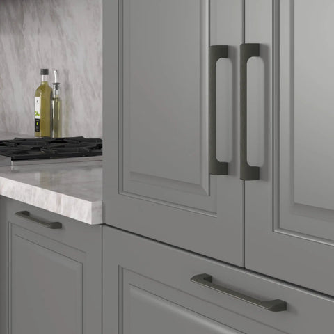 Gun Metal 10 Inch Center Cabinet Handles 10 Pack Solid Stainless Metal Drawer Pulls for Kitchen Bathroom Home Decor Durable Modern Hardware Etna Collection on gray cabinet door