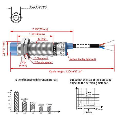 Inductive Proximity Sensor Switch No Fuss 8mm Detection Distance Non Shield Type Three Wire NPN Normally Open 10 To 30 VDC 200 mA Output M18 Mount LJ18A3 8 Z BX Blue Body, blue body with M18X1 mount and 120cm cable