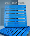 Rock Solid Heavy Duty Steel Forklift Pallets With Grid Platform in blue, designed for industrial warehouses and heavy machinery storage.