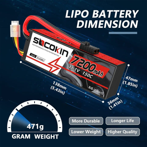 3S Lipo Battery 11.1V 7200mAh 150C Beefy High Discharge RC Battery Pack with Hard Case and TR Plug dimensions