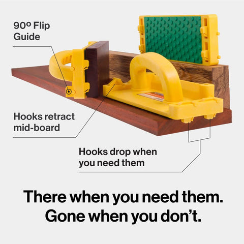 GRR-RIP-BLOCK Smart Push Block with 90° flip guide and retracting hooks showing grip and hook mechanisms on a wood board