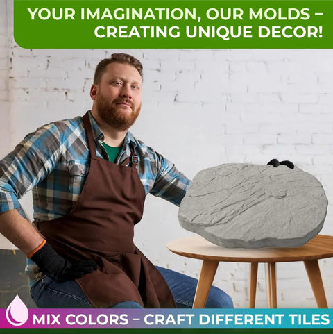 Man presenting Flagstone Stepping Stone Concrete Mold For Garden Pathway Patio And Walkway Heavy Duty Reusable Plastic Pavement Mold