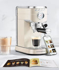 Next Level Compact Espresso Maker With High Pressure Pump And Hassle Free Milk Frother For Pulling Bold Coffee Shots and Topping Off Sweet Lattes Anytime on countertop with espresso shot and recipe book.