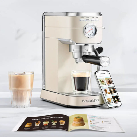 Next Level Compact Espresso Maker With High Pressure Pump And Hassle Free Milk Frother For Pulling Bold Coffee Shots and Topping Off Sweet Lattes Anytime on countertop with espresso shot and recipe book.