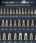 Extra Long Hex/Torx Bit Set with various sizes in 1/4, 3/8, and 1/2 inch drive for versatile auto repair.