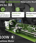 Shop Grade Benchtop Metal Lathe With Dual Chucks For Long Shafts Tubes 1100W Brushless Motor with digital display and automatic feed.