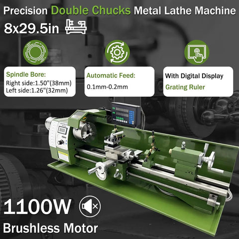 Shop Grade Benchtop Metal Lathe With Dual Chucks For Long Shafts Tubes 1100W Brushless Motor with digital display and automatic feed.