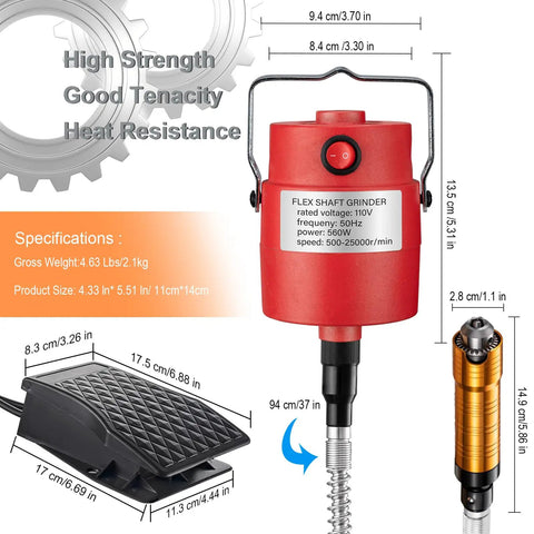 Flex Shaft Grinder Rotary Tool Kit 560W With 500-23000 RPM, 3 Jaw Chuck, Foot Pedal, Hanging Design, Dimensions Shown