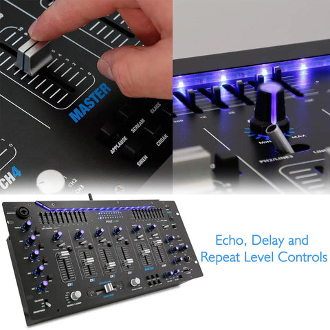Close-up of Six Channel Bluetooth DJ Mixer Controller With LED Illumination And Digital Audio Mixing System, showing master controls.