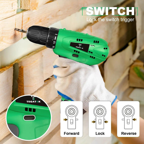 Cordless 20V Power Drill With 3 Batteries And Charger used on wood, showing switch features, Lithium Ion Drill Kit for DIY