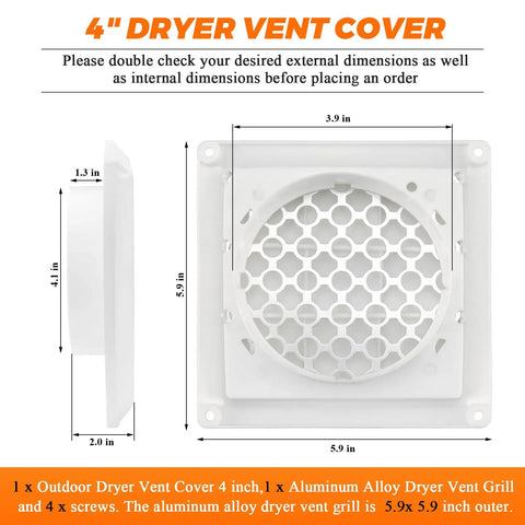 Diagram of 4 Inch Louvered Dryer Vent Cover With Aluminum Pest Guard Screen Outdoor Exhaust Cap For 4 Inch Duct Openings.