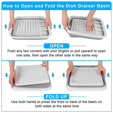 Instruction for opening and folding Must Have Collapsible Over Sink Dish Rack With Drainboard, Portable Kitchen Counter Drying Rack