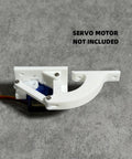 Servo Hinge Kit for SG90 Mini Servos, Hatch Door Mount, White Plastic 3.2x1 inches, assembled view, screws visible, servo not included.