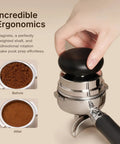 Ultimate Espresso Tamper Set For 58.4Mm Portafilters With Self Leveling Weight Orbital Wdt Tool in use on espresso grounds.
