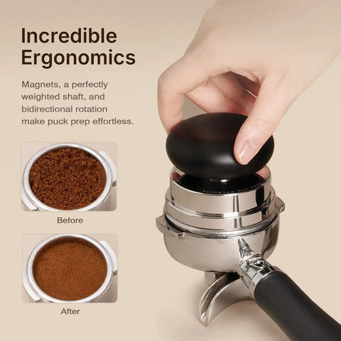 Ultimate Espresso Tamper Set For 58.4Mm Portafilters With Self Leveling Weight Orbital Wdt Tool in use on espresso grounds.