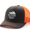 All Season Lightweight Trucker Cap With Anti Sweat Band For Dry Comfort And Trendy Style Plain Yet Dope Golf And Sports Hat Built To Keep You Fresh Dry And Dazzling While You Train Or Hang With Friends, shown in orange and black design.