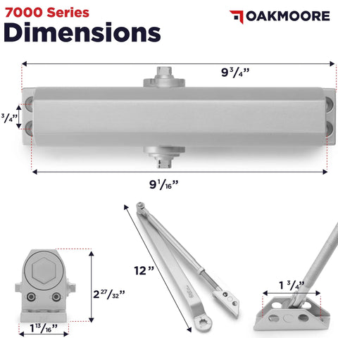 Medium Duty Commercial Door Closer Built Different For Busy Retail Entrances Featuring Smooth Operator Self Closing Hinge Assembly With Zero Slam Nonsense Ul Listed Grade One Size Two Five Silver dimensions with measurements displayed.